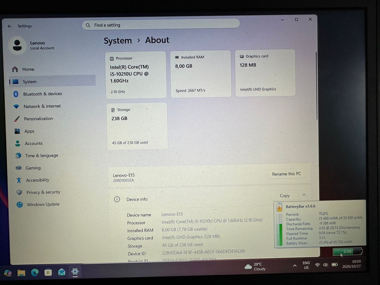 Lenovo ThinkPad E15 Gen 1 15.6" Slim Intel Core i5-10210U @ 1.600GHz 10th Gen, 8GB RAM, 256GB SSD, Windows 11 Pro, Microsoft Office 2024 & Teams Refurbished Grade C 12 Months Warranty and Remote Support